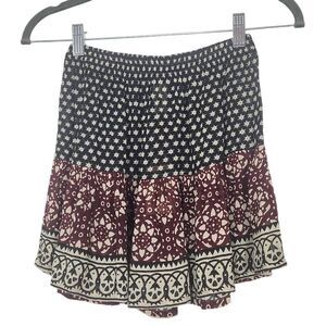 Raga Black and Oxblood Flirty Boho Mini Skirt NWT Size XS Boho Print Full Skirt